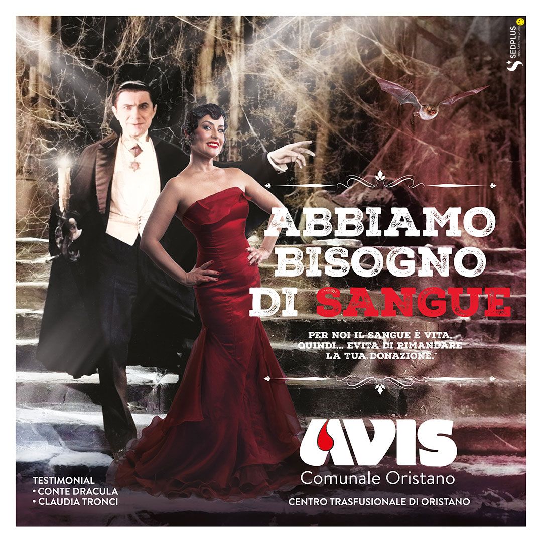Foto di Dracula per incentivare a donare il sangue. Avis Oristano
